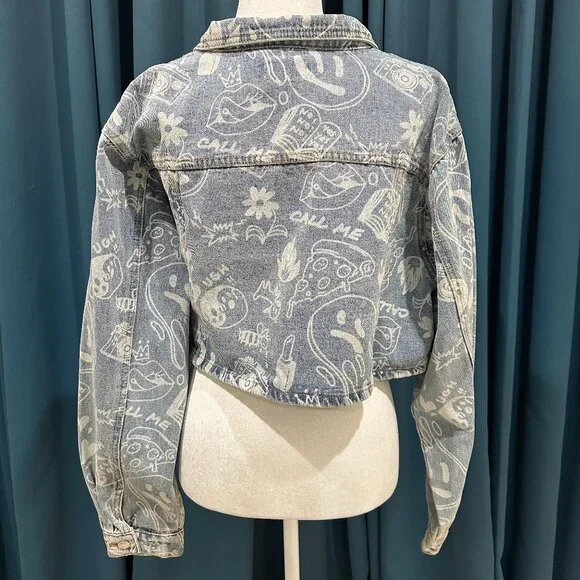 Edikted Cropped Denim Jacket & Malia Printed Wide Leg Jeans Streetwear - Picture 11 of 16